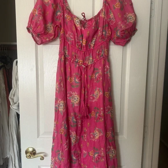 Spell Pink Floral Linen Midi Dress - Picture 2 of 4